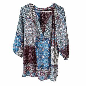 Sharagano 1X Boho Patchwork Tunic Blouse 3/4 Sleeve Multicolor Plus Size